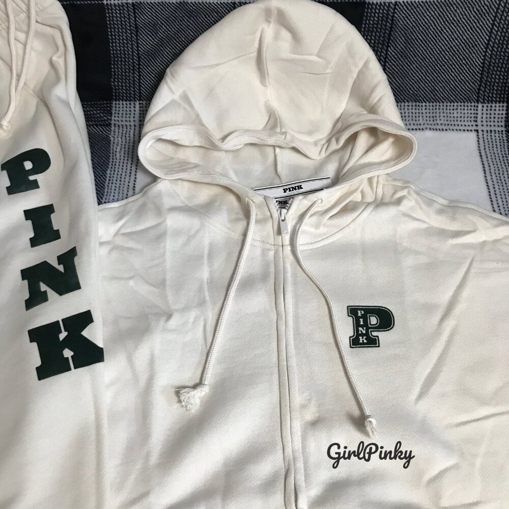 VS PINK SWEATPANTS OUTFIT & FULL ZIP IN WHITE SHELL & DARK FOREST GREEN L XL XXL - Picture 10 of 11
